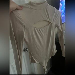 Beige Long Sleeve Cutout Bodysuit